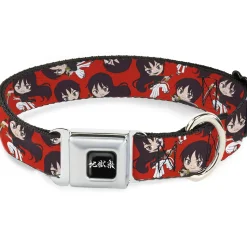 Hell's Paradise Kanji Title Logo Full Color Black/White Seatbelt Buckle Collar - Hell's Paradise Chibi Aza Toma Sword Poses Scattered Red