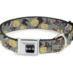 Hell's Paradise Kanji Title Logo Full Color Black/White Seatbelt Buckle Collar - Hell's Paradise Chibi Aza Chobei Axe Poses Scattered Gray