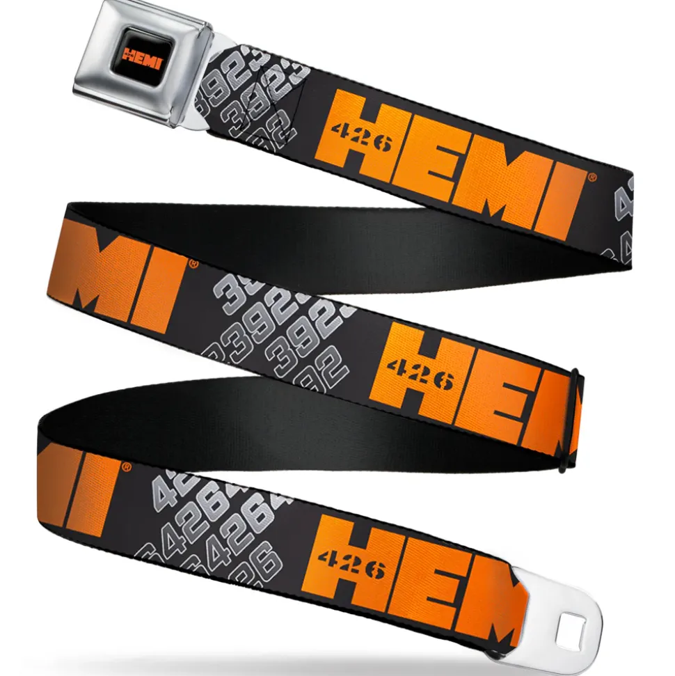 HEMI 426 Logo Full Color Black Orange Seatbelt Belt - HEMI 426 Logo 392/426 Black/Orange/Silver-Fade Webbing