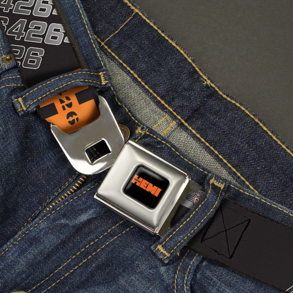 HEMI 426 Logo Full Color Black Orange Seatbelt Belt - HEMI 426 Logo 392/426 Black/Orange/Silver-Fade Webbing