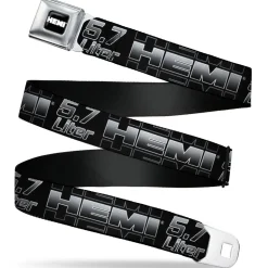 HEMI Bold Full Color Black/White Seatbelt Belt - HEMI 5.7 LITER Black/White/Silver-Fade Webbing
