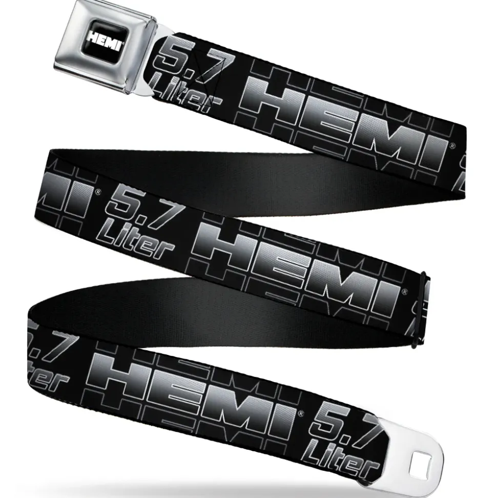 HEMI Bold Full Color Black/White Seatbelt Belt - HEMI 5.7 LITER Black/White/Silver-Fade Webbing