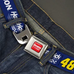 HENDRICK MOTORSPORTS Checker Logo Full Color Red/White Seatbelt Belt - JIMMIE JOHNSON #48 Hendrick Motorsports Racing Logo Blue/White/Yellow Webbing