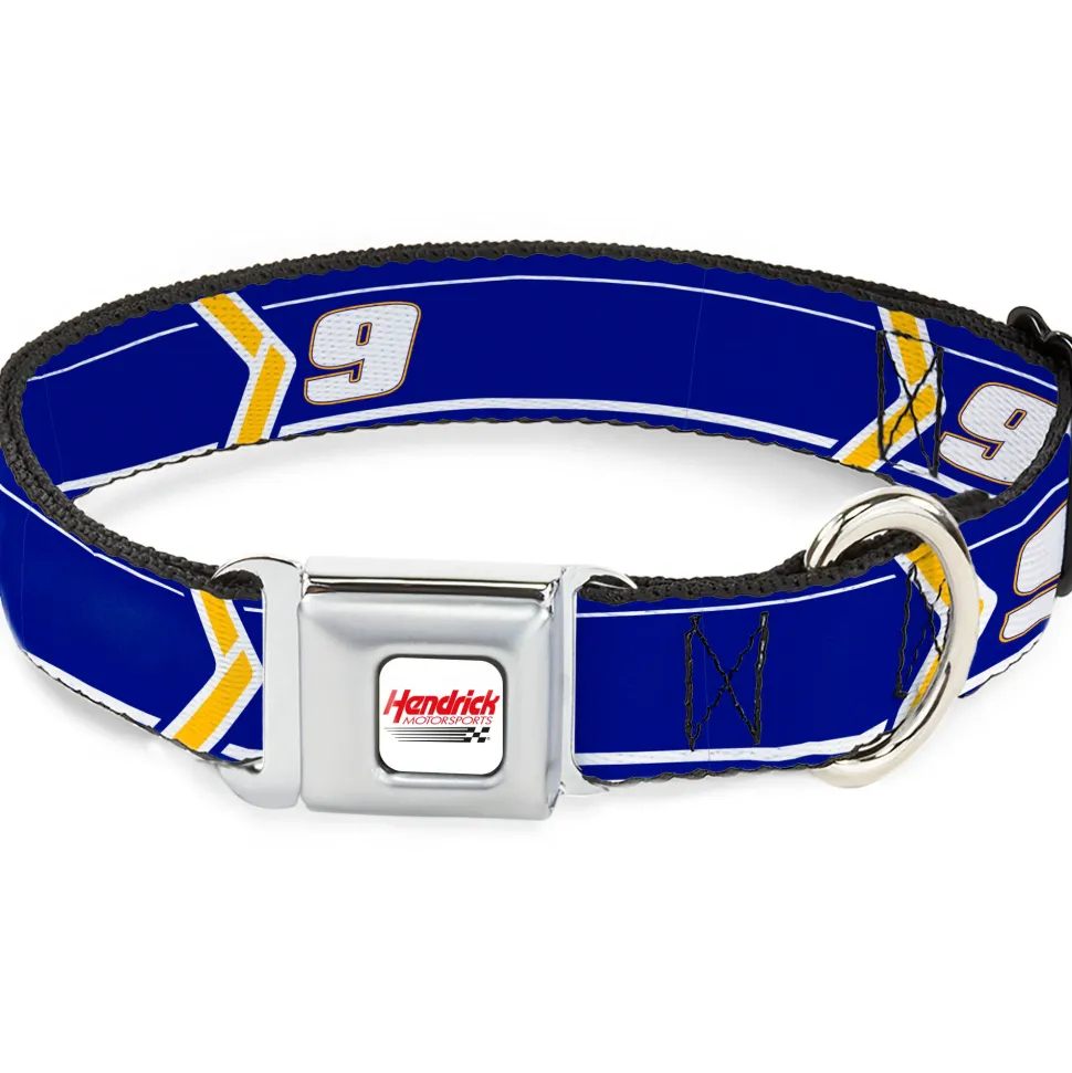 HENDRICK MOTORSPORTS Checker Logo Full Color Red/White Seatbelt Buckle Collar - Chase Elliott #9 Car Scheme Blue/Yellow/White