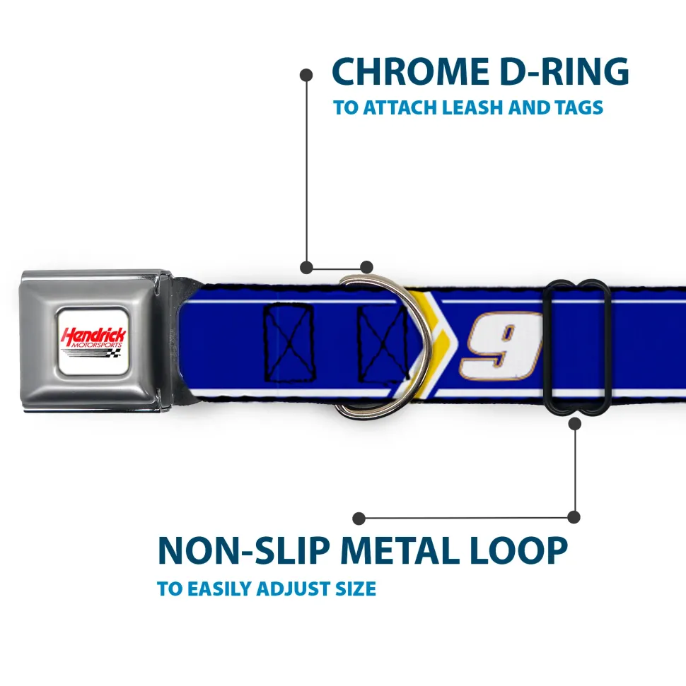 HENDRICK MOTORSPORTS Checker Logo Full Color Red/White Seatbelt Buckle Collar - Chase Elliott #9 Car Scheme Blue/Yellow/White