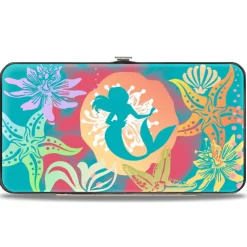 Hinged Wallet - Ariel Pose Silhouette Shells & Sea Flowers Collage Aqua Blue Multi Color