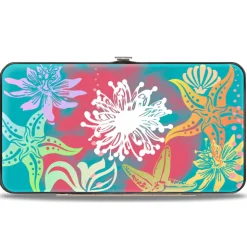 Hinged Wallet - Ariel Pose Silhouette Shells & Sea Flowers Collage Aqua Blue Multi Color