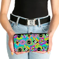 Hinged Wallet - Funky Alien Flowers Aqua Blue/Multi Color