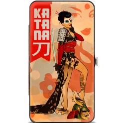 Hinged Wallet - KATANA Bombshell Pose Silhouette Face Flowers Tan Reds