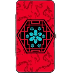 Hinged Wallet - Mulan Flower Lattice Mushu Icons Scattered Reds Black Blue
