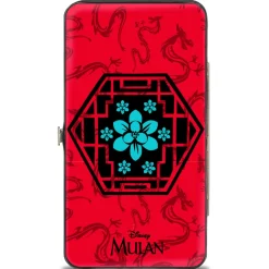 Hinged Wallet - Mulan Flower Lattice Mushu Icons Scattered Reds Black Blue