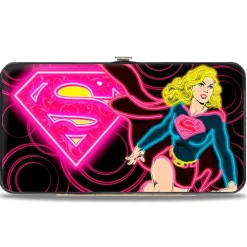 Hinged Wallet - Neon Super Shield Supergirl Pose Rings Black Pinks Yellow