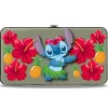 Hinged Wallet - Stitch Hula Pose Front + Back Hibiscus Flowers Pineapples Gray