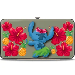 Hinged Wallet - Stitch Hula Pose Front + Back Hibiscus Flowers Pineapples Gray