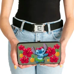 Hinged Wallet - Stitch Hula Pose Front + Back Hibiscus Flowers Pineapples Gray