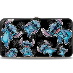 Hinged Wallet - Stitch 3-Poses Scattered Hibiscus Sketch Black Grays