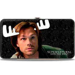 Hinged Wallet - SUPERNATURAL Sam Moose + Dean Sqirrel Poses Scattered Symbols Black Gray White