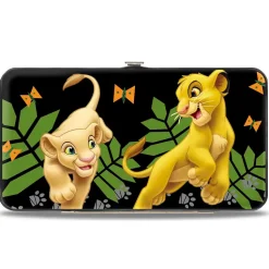 Hinged Wallet - The Lion King Young Simba & Nala Playing Pose + HAKUNA MATATA Leaves Butterflies Paws Black White Multi Color