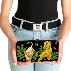 Hinged Wallet - The Lion King Young Simba & Nala Playing Pose + HAKUNA MATATA Leaves Butterflies Paws Black White Multi Color