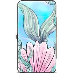 Hinged Wallet - The Little Mermaid Ariel Over Shoulder Sketch Pose + Tail Shells Kelp Blues Pinks