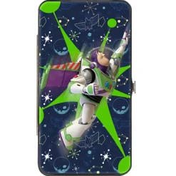Hinged Wallet - Toy Story Buzz Lightyear Flight Pose + Space Ranger Logo Icons Blues Greens