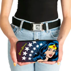 Hinged Wallet - WONDER WOMAN Stars Face Halftone Blues Red Yellow White
