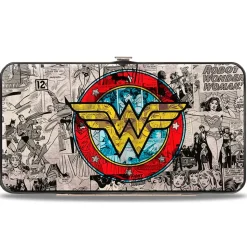 Hinged Wallet - Wonder Woman Logo Comic Scenes Grays Blue Red Yellow