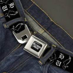 HOLLYWOOD UNDEAD Text Logo Full Color Black/White Seatbelt Belt - Hollywood Undead HU Shatter Dove & Grenade Black/White Webbing