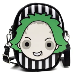 Horror Movies Vegan Leather Cross Body Bag with Adjustable Strap, Beetlejuice Smiling Chibi Face Applique, Stripe Black White, 7" x 8"