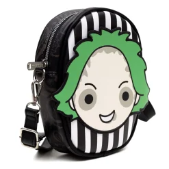 Horror Movies Vegan Leather Cross Body Bag with Adjustable Strap, Beetlejuice Smiling Chibi Face Applique, Stripe Black White, 7" x 8"