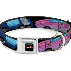 HOT WHEELS Classic Flame Logo Full Color Black/Red/White Seatbelt Buckle Collar - HOT WHEELS Logo and Four Cars Close-Up Black