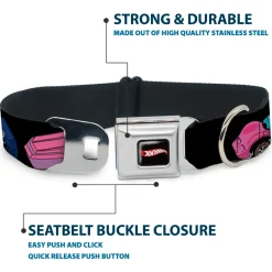 HOT WHEELS Classic Flame Logo Full Color Black/Red/White Seatbelt Buckle Collar - HOT WHEELS Logo and Four Cars Close-Up Black