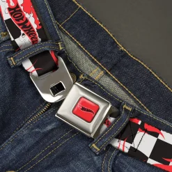 HOT WHEELS Classic Flame Logo Full Color Red/White/Black Seatbelt Belt - HOT WHEELS Logo and Tire Burn Out Checker Black/White Webbing