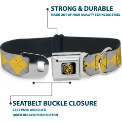 Hufflepuff Crest Full Color Seatbelt Buckle Collar - Harry Potter HUFFLEPUFF/Stars Argyle Plaid Gray/Gold/Browns