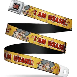 I AM WEASEL Title Logo Full Color Black/White/Red Seatbelt Belt - I AM WEASEL Title Logo with IM Weasel and IR Baboon Pose Yellows Webbing