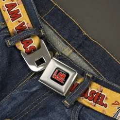 I AM WEASEL Title Logo Full Color Black/White/Red Seatbelt Belt - I AM WEASEL Title Logo with IM Weasel and IR Baboon Pose Yellows Webbing