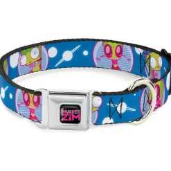 INVADER ZIM Title Logo Full Color Pink/Green Seatbelt Buckle Collar - Invader Zim and GIR Poses and Planets Blue/White
