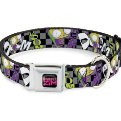 INVADER ZIM Title Logo Full Color Pink/Green Seatbelt Buckle Collar - Invader Zim GIR DOOM Pose Checker Black/Gray