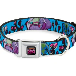 INVADER ZIM Title Logo Full Color Pink/Green Seatbelt Buckle Collar - Invader Zim GIR and Piggy Rule the World Poses Blue