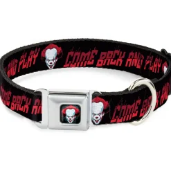 It Chapter Two Pennywise Face Full Color Black/Reds/Blues Seatbelt Buckle Collar - It Chapter Two Pennywise Face COME BACK AND PLAY Black/Reds