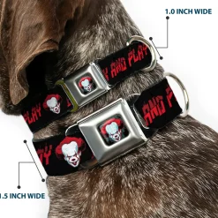 It Chapter Two Pennywise Face Full Color Black/Reds/Blues Seatbelt Buckle Collar - It Chapter Two Pennywise Face COME BACK AND PLAY Black/Reds