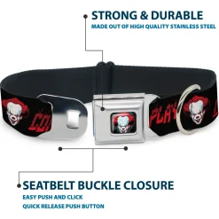 It Chapter Two Pennywise Face Full Color Black/Reds/Blues Seatbelt Buckle Collar - It Chapter Two Pennywise Face COME BACK AND PLAY Black/Reds