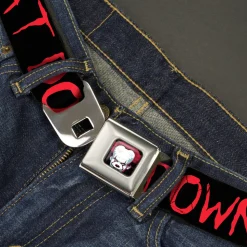 It Chapter Two Pennywise Face2 Full Color Black/Reds/Blues Seatbelt Belt - It Chapter Two I LOVE DERRY Balloon/WE ALL FLOAT DOWN HERE Quote Black/Red/White Webbing