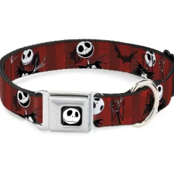 Jack Expression5 Full Color Seatbelt Buckle Collar - Nightmare Before Christmas Jack Poses/Bats Red Stripe
