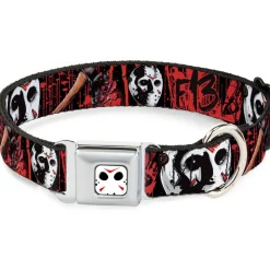 Jason Mask CLOSE-UP Full Color Black/White/Red Seatbelt Buckle Collar - FRIDAY THE 13th/Jason Mask4/Axe Blood Splatter Black/Red/White