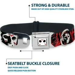 Jason Mask CLOSE-UP Full Color Black/White/Red Seatbelt Buckle Collar - FRIDAY THE 13th/Jason Mask4/Axe Blood Splatter Black/Red/White