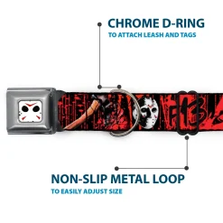 Jason Mask CLOSE-UP Full Color Black/White/Red Seatbelt Buckle Collar - FRIDAY THE 13th/Jason Mask4/Axe Blood Splatter Black/Red/White