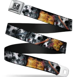 Jason Mask2 CLOSE-UP Full Color Black/Grays Seatbelt Belt - FRIDAY THE 13th/WELCOME TO CAMP CRYSTAL LAKE/Jason Mask3 Stacked/Axe Webbing