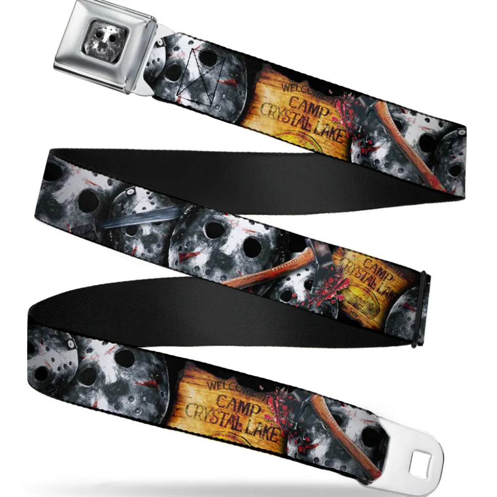 Jason Mask2 CLOSE-UP Full Color Black/Grays Seatbelt Belt - FRIDAY THE 13th/WELCOME TO CAMP CRYSTAL LAKE/Jason Mask3 Stacked/Axe Webbing