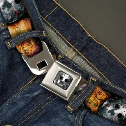Jason Mask2 CLOSE-UP Full Color Black/Grays Seatbelt Belt - FRIDAY THE 13th/WELCOME TO CAMP CRYSTAL LAKE/Jason Mask3 Stacked/Axe Webbing
